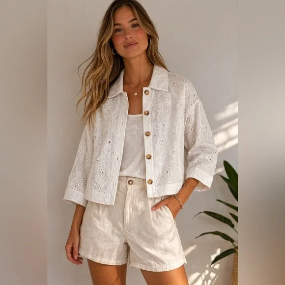 Chico’s White Cotton Eyelet Jacket | Cottagecore Summer Topper ·Coastal capsule - Picture 1 of 11
